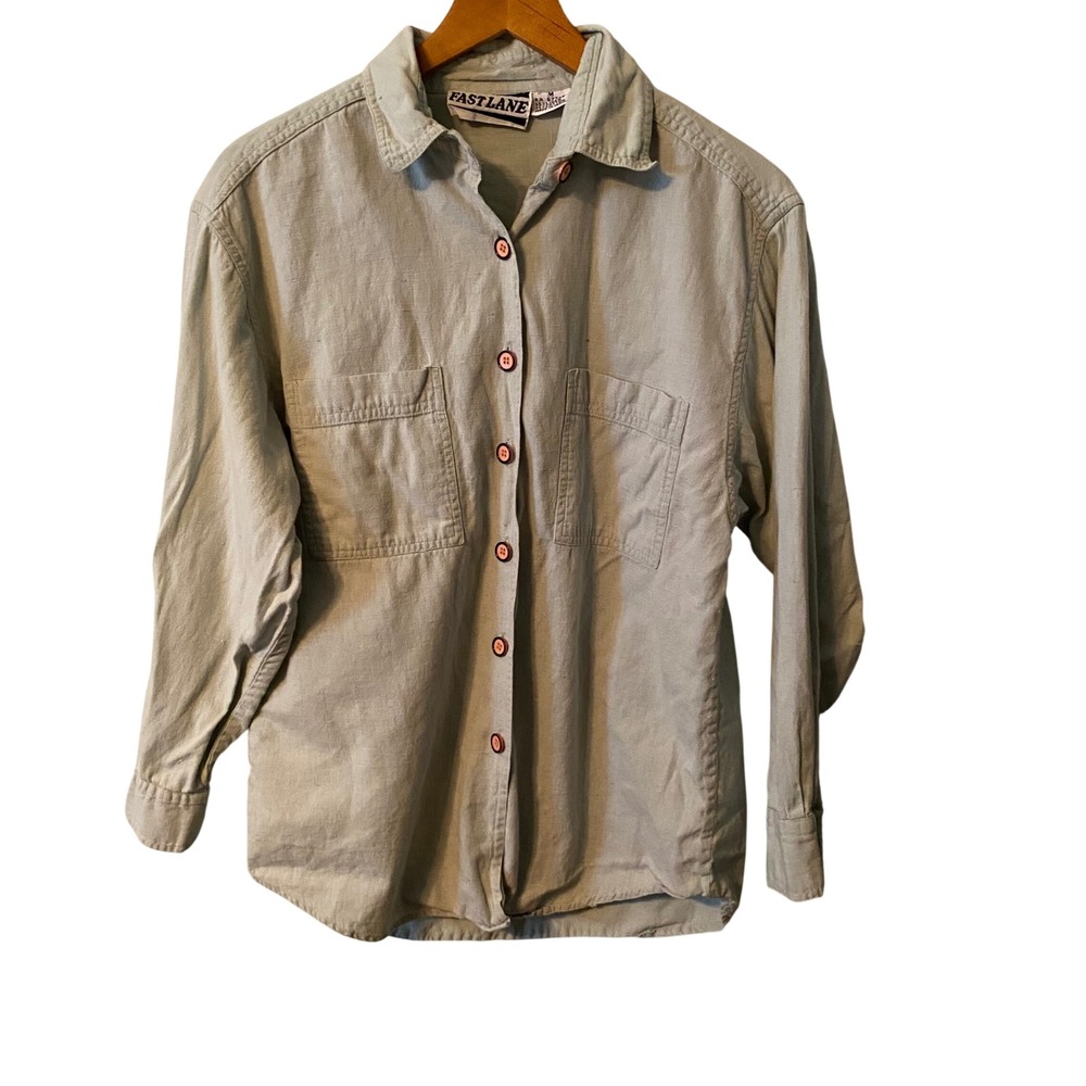 FAST LANE Mens Linen Cotton Blend Button Up Shirt Size M Blue Casual Long Sleeve